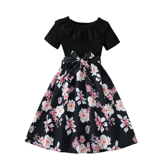 Fesfesfes Girls Pachwork Color Lace Dress Size 8-11 Years Floral Puff-sleeved Round Neck Dress