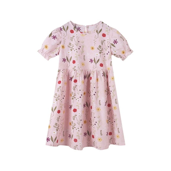 Mikilon Girls' Puff-sleeved Holiday Dress Size 3-9 Years Round-Neck Floral Ruffled Dress Sweet Comfortable Dress