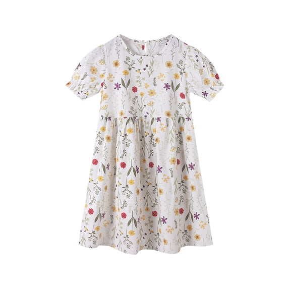 Mikilon Girls' Puff-sleeved Holiday Dress Size 3-9 Years Round-Neck Floral Ruffled Dress Sweet Comfortable Dress
