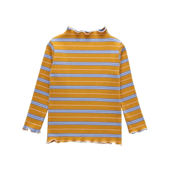 Mikilon Girls Ruffled Knitted Tops Striped Patchwork Round Neck Long Sleeve Blouses Fashion Single Wear Tops ,Size 3-7 Years