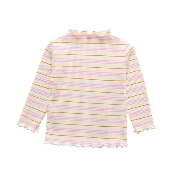 Mikilon Girls Ruffled Knitted Tops Striped Patchwork Round Neck Long Sleeve Blouses Fashion Single Wear Tops ,Size 3-7 Years