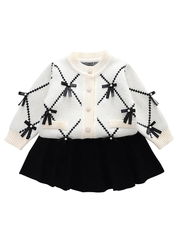 Girls Small Fragrant Style Outfit Sets Size 1-8 Years Knitted Bow-tied Cardigan Sweaters Solid Color Black Skirts
