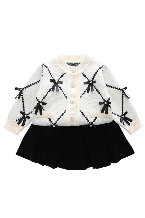 Girls Small Fragrant Style Outfit Sets Size 1-8 Years Knitted Bow-tied Cardigan Sweaters Solid Color Black Skirts