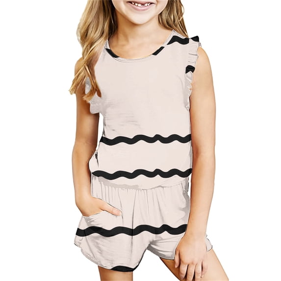 Mikilon Girls Striped Outfit Sets Size 3-14 Years Round Neck Sleeveless Tops Elastic Waist Wide Leg Pants Comfortable Breathable Homewear Sets