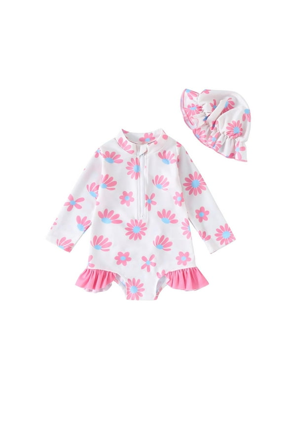 Mikilon Girls' Summer Long Sleeved Half Zip Jumpsuit Swimsuit With Hat Two-piece Set