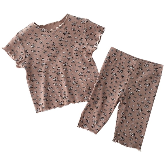 Mikilon Girls Summer Ruffled Sets Size 3-8 Years Floral Print Thin Sets with Short Sleeve Blouses,Elastic Waist Long Pants