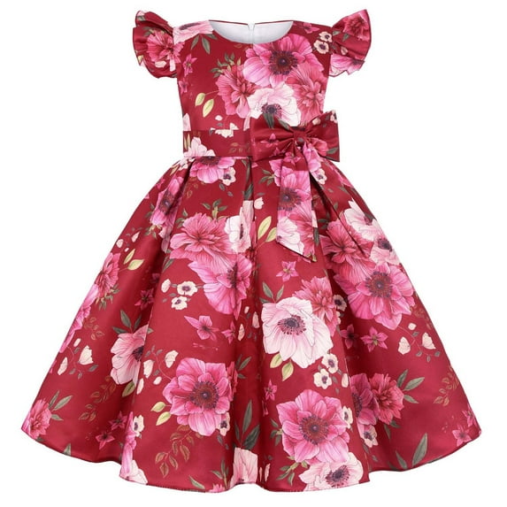 Mikilon Girls Vintage Floral Print Dress Festival Host Princess Dress Short Sleeve Waist Drawstring Dress