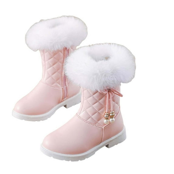 Mikilon Girls Winter Warm Snow Boots Size 4-10 Years Solid Color Plus Velvet and Thicken Princess Boots Comfortable Middle Tube Shoes