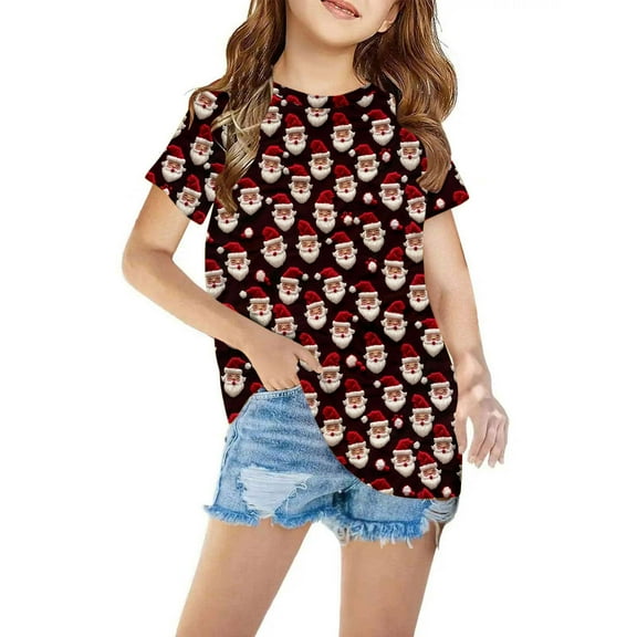 Mikilon Girls Xmas Short Sleeve T-shirts Size 3-13 Years Cute Graphic Print Blouses