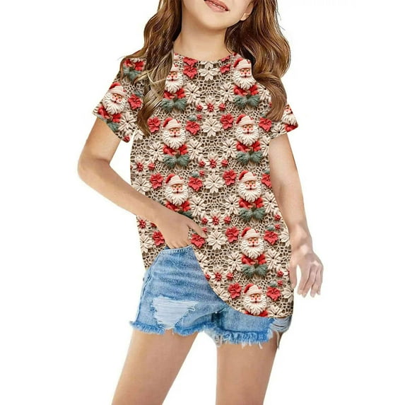 Mikilon Girls Xmas Short Sleeve T-shirts Size 3-13 Years Cute Graphic Print Blouses