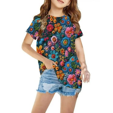Mikilon Girls Xmas Short Sleeve T-shirts Size 3-13 Years Cute Graphic Print Blouses