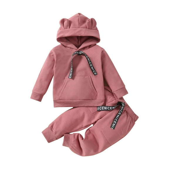 Mikilon Girls and Boys Sweat Sets Size 1-5 Years Solid Color Drawstring Outfit Sets Cute Hooded Sweatshirts Elastic Waist Wide Leg Pants
