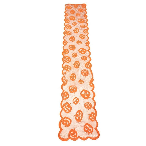 Halloween Decorations, Halloween Orange Pumpkin Pattern Warp Knitted Lace Strip Tea Table Flag, 100%Polyester, orange