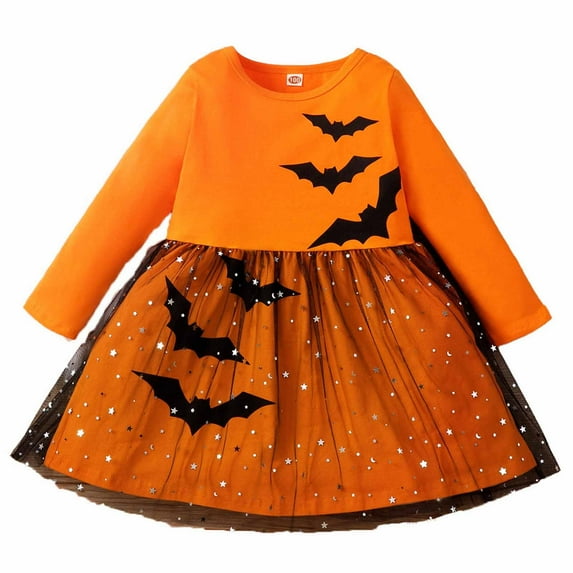 Fesfesfes Halloween Dress for Girls Size 18 Months-5 Years Cute Playful Draped Princess Dress Casual Stretchy Waist Dress Comfortable Patchwork Color Clothes