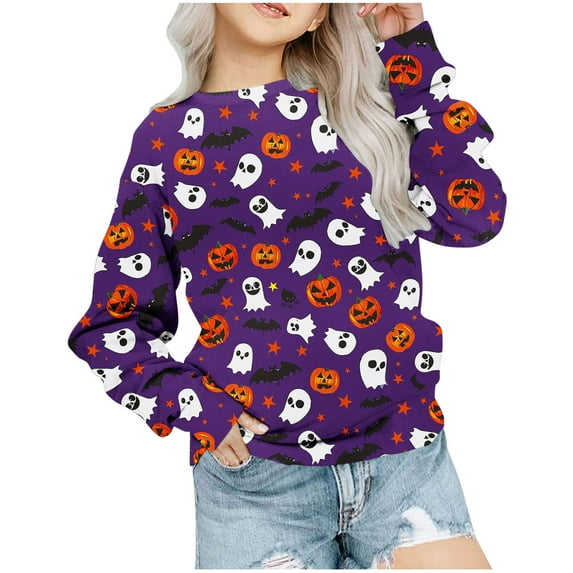 Mikilon Halloween Girls Tops Size 1-12 Kids Round Neck Long Sleeve Shirts Solid Color Graphic Casual Tops Fall and Winter Printed Cute Tops