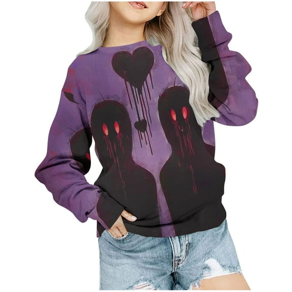 Mikilon Halloween Girls Tops Size 1-12 Kids Round Neck Long Sleeve Shirts Solid Color Graphic Casual Tops Fall and Winter Printed Cute Tops