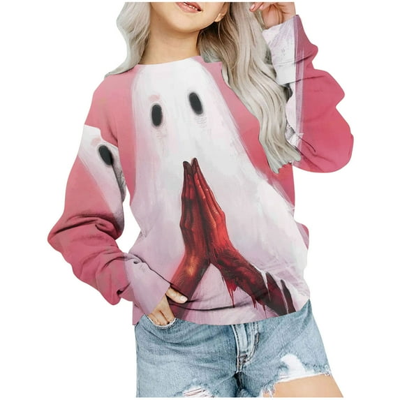 Mikilon Halloween Girls Tops Size 1-12 Kids Round Neck Long Sleeve Shirts Solid Color Graphic Casual Tops Fall and Winter Printed Cute Tops