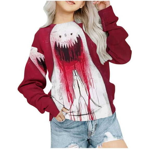 Mikilon Halloween Girls Tops Size 1-12 Kids Round Neck Long Sleeve Shirts Solid Color Graphic Casual Tops Fall and Winter Printed Cute Tops