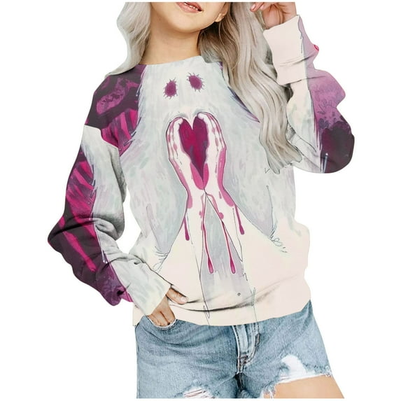 Mikilon Halloween Girls Tops Size 1-12 Kids Round Neck Long Sleeve Shirts Solid Color Graphic Casual Tops Fall and Winter Printed Cute Tops