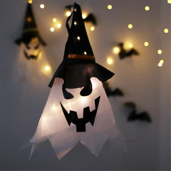 Mikilon Halloween Glowing Ghost, Outdoor Decor Hanging Lighted Glowing Ghost with Witch Hat, Halloween Outdoor Indoor Halloween Party Favors As shown