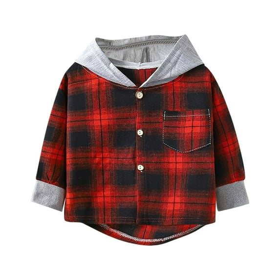 Mikilon Hoodies for Boys Size 3-10 Years Casual Long Sleeve Plaid Button-Up Shirts Fashion Comfortable Patchwork Color Loose Sweatshirts with Pockets
