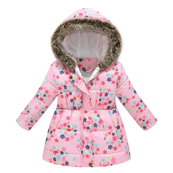 Mikilon Jackets for Girls Size 8-14 Years Floral Print Jacket Plus Velvet and Thicken Warm Windproof Coat Winter Thermal Hooded Outwear Jackets