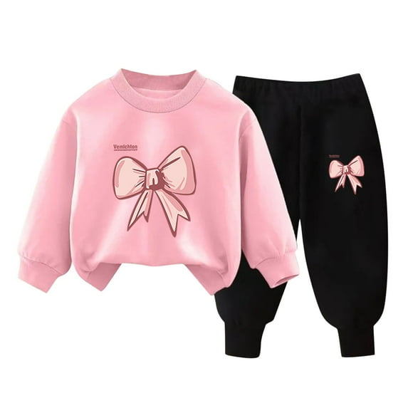 Mikilon Kids Bow Printed Sweat Sets Size 3-9 Years Round Neck Long Sleeve Sweatpants Elastic Waist Wide Leg Pants Fall and Winter Thermal Outfit Sets