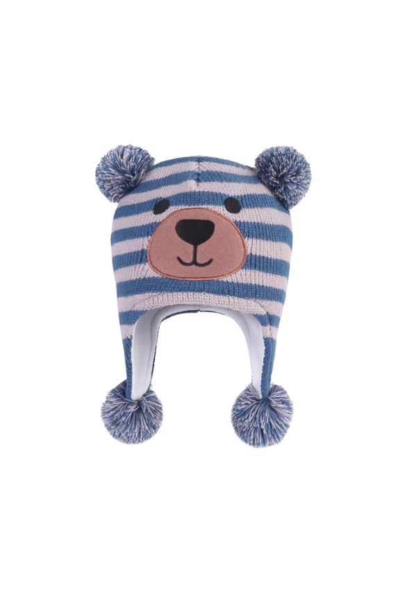 Mikilon Kids Cute Graphic Print Knitted Hats Winter Striped Puffball Warm Hats Ears-Protection Thermal Hats