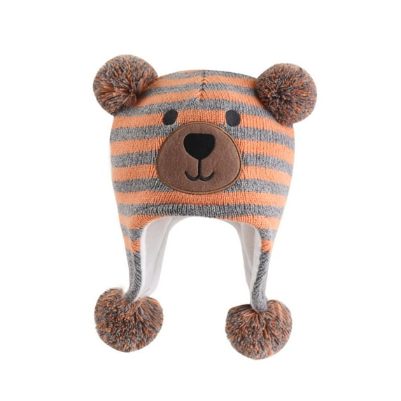 Fesfesfes Kids Cute Graphic Print Knitted Hats Winter Striped Puffball Warm Hats Ears-Protection Thermal Hats