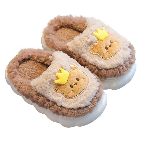 Mikilon Kids Cute Print Plus Velvet Slippers Size 1-11 Years Non-slip Keep Warm Home Shoes Solid Color Comfortable Shoes