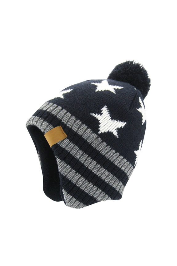 Mikilon Kids Stirped Knitted ‌Hats Plus Velvet and Thicken Puffball Hats Outdoorsy Ears-Protection Warm Hats