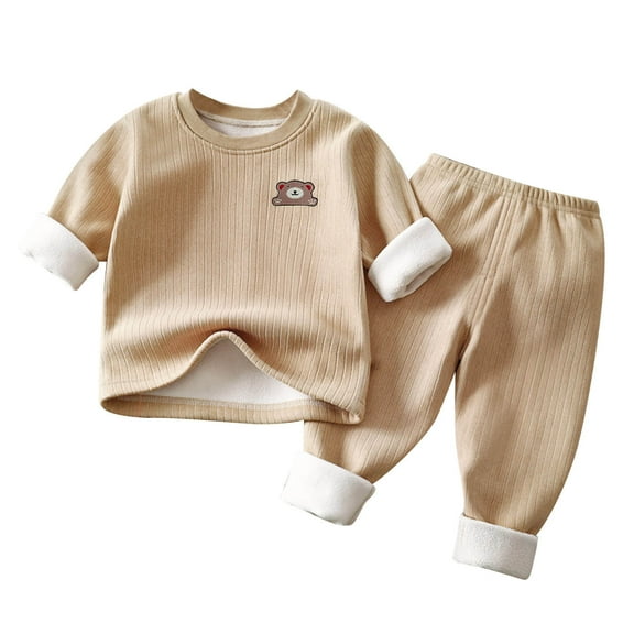 Mikilon Kids Warm Pajama Sets Size 12 Months-9 Years Long Sleeve Tops and Pants,Solid Color Puls Velvet and Thicken Sets