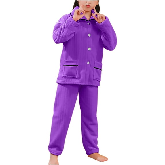 Fesfesfes Kids Winter Coral Fleece Pajama Sets Size 1-12 Years Solid Color Thicken Button Down Outfit Sets