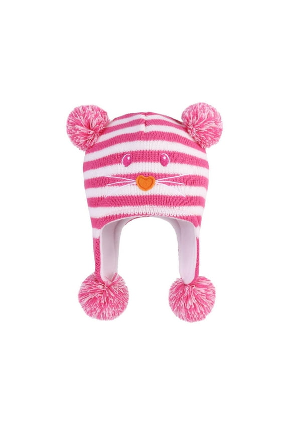 Mikilon Kids Winter Ears-Protection Thermal Hats Fashion Striped Puffball Warm Hats Cute Graphic Print Knitted Hats