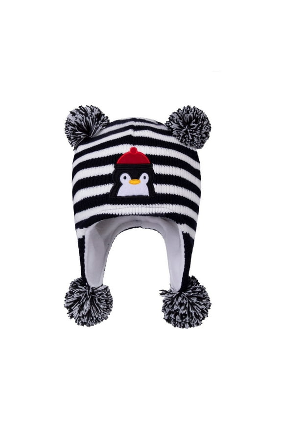 Mikilon Kids Winter Striped Puffball Warm Hats Cute Graphic Print Knitted Hats Ears-Protection Thermal Hats