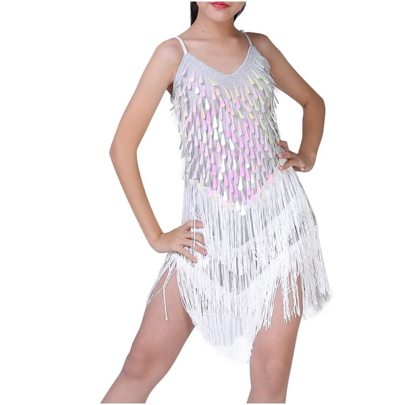 Mikilon Latin Dance Dress Tassel Salsa Dancewear Sequin Fringe Dress Modern Ballroom Cha Cha Dancer Outfits for Girls