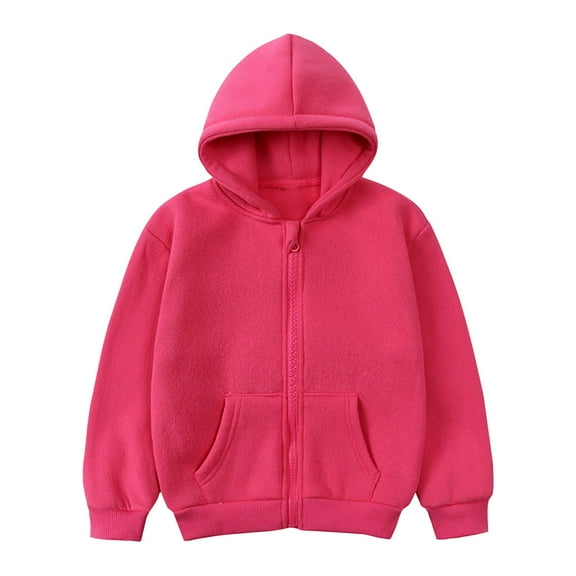 Mikilon Long Sleeve Hooded Sweatshirts for Kids Solid Color Zipper Sports Tops Plus Velvet and Thicken Blouses ,Size 1-9 Years