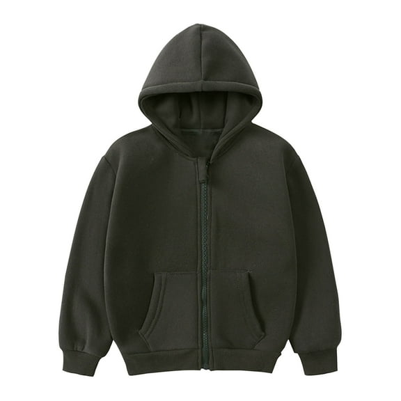 Mikilon Long Sleeve Hooded Sweatshirts for Kids Solid Color Zipper Sports Tops Plus Velvet and Thicken Blouses ,Size 1-9 Years