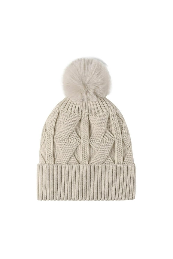 Mikilon Male and Female Knitted Puffball Hats Solid Color Plus Vlevet and Thicken Warm Ski Hats Comfortable Outdoor Running Hats
