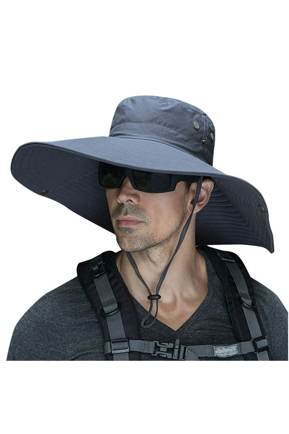 Mikilon Men Outdoor Hiking/Fishing Hats Comfortable Solid Color Drawstring Sun Hats Big Wide Brimmed Hats