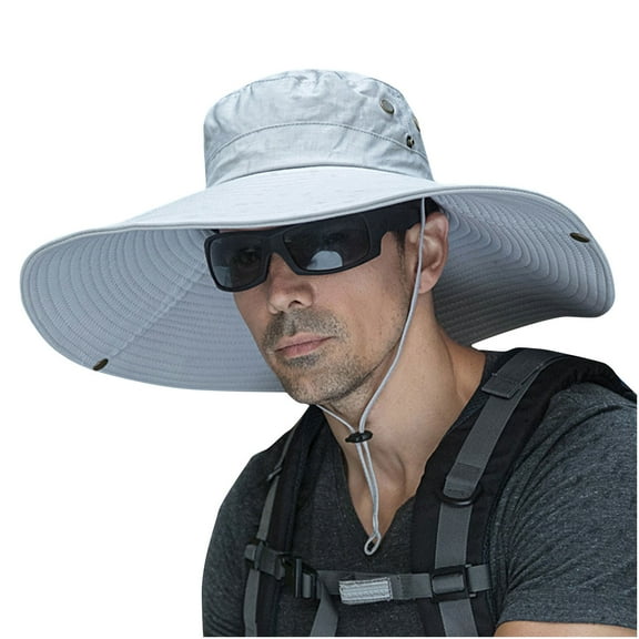 Mikilon Men Outdoor Hiking/Fishing Hats Comfortable Solid Color Drawstring Sun Hats Big Wide Brimmed Hats
