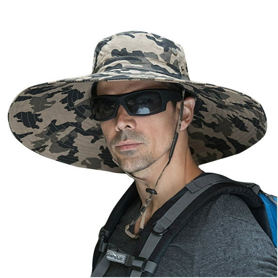 Mikilon Men Outdoor Hiking/Fishing Sun Hats Comfortable Camouflage Print Drawstring Hats Big Wide Brimmed Hats