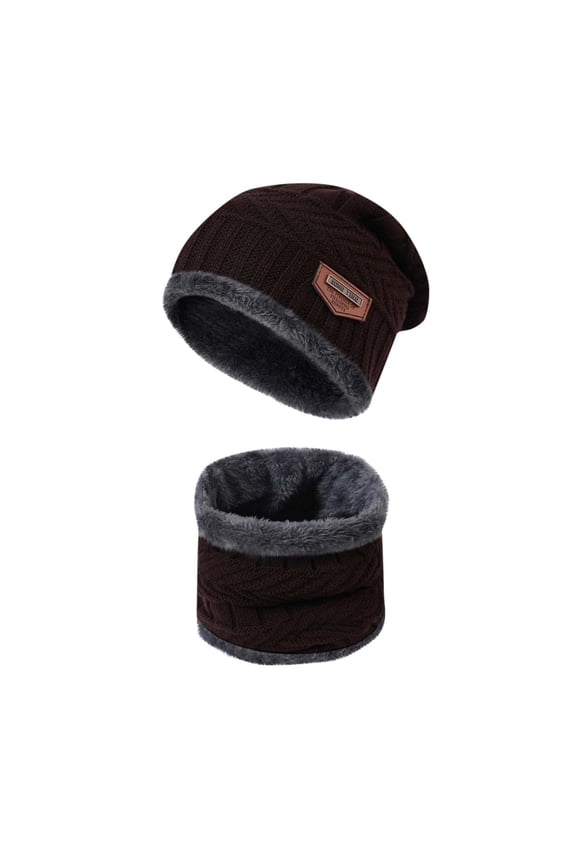 Mikilon Men's Winter Warm Sets Solid Color Plus Velvet Thicken Hats Comfortable Warm Scarf Neck Two Piece Sets