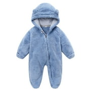 Mikilon Newborn Baby Fleece Footie Snowsuit Winter Bunting Onesie Cartoon Warm Hooded Romper Jumpsuit Outfits For Girls Boys Infant Clothes for Baby Girl 6-9 Months Blue on Sale