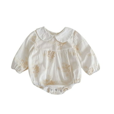 Mikilon Newborn Baby Girl Clothes Solid Color Lace Turndown Neck Puffer Sleeve Rompers Comfortable Footless Ruffled Rompers
