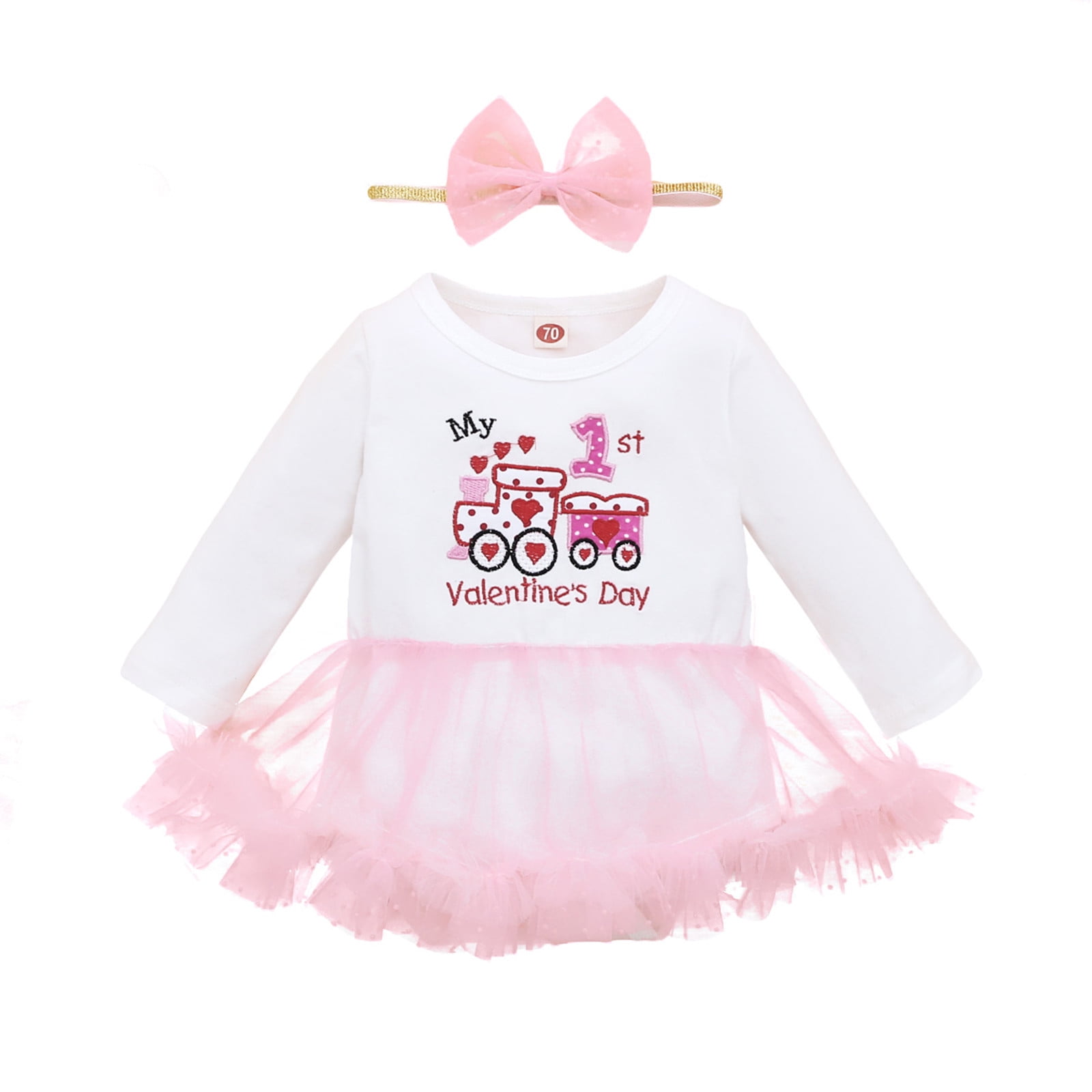Mikilon Newborn Baby Girls Long Sleeve Valentine Ruffle Romper Bodysuit+Headband Set Jumpsuit
