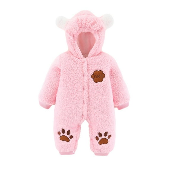 Mikilon Newborn Baby Winter Girls Boys Clothes Warm Animal Ears Bear Claw Overall Rompers Hooded Jumpsuit Infant Clothes for Baby Girl 9-12 Months Pink