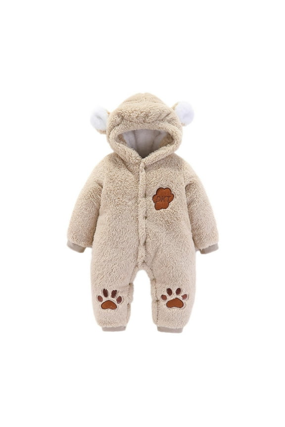 Elainilye Newborn Baby Winter Girls Boys Clothes Warm Animal Ears Bear Claw Overall Rompers Hooded Jumpsuit Pajama Onesie for Baby Girls 0-3 Months Brown