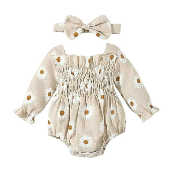 Mikilon Newborn Girl Outfits Floral Rompers Square Neckline Long Sleeve Rompers Playful Comfortable Footless Rompers with a Bow Headband ,Size 0 Month-12 Months