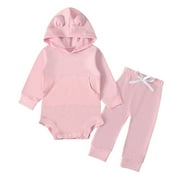 Mikilon Newborn Infant Baby Long Sleeve Solid Hoodie Romper Bodysuit Tops+Pants Set Jumpsuit for Baby Girls 12-18 Months Pink on Sale